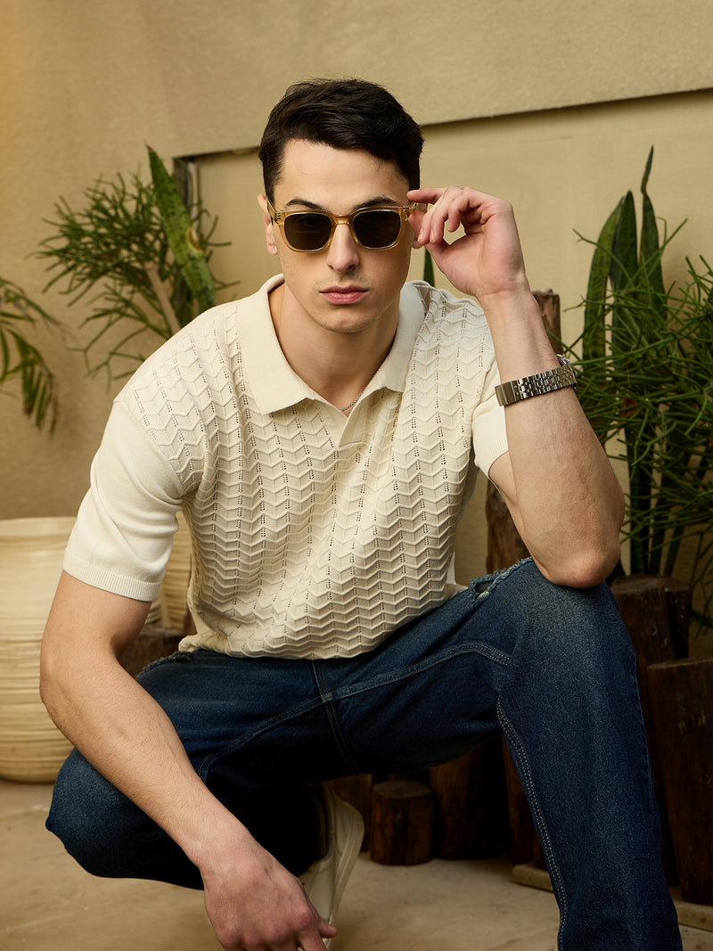 White: Relaxed Textured Polo T-Shirt