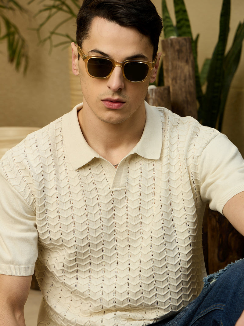 White: Relaxed Textured Polo T-Shirt