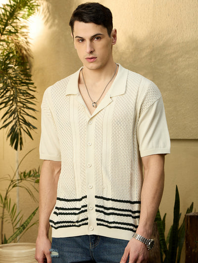 White and Green: Oversized Front Open Knit T-Shirt