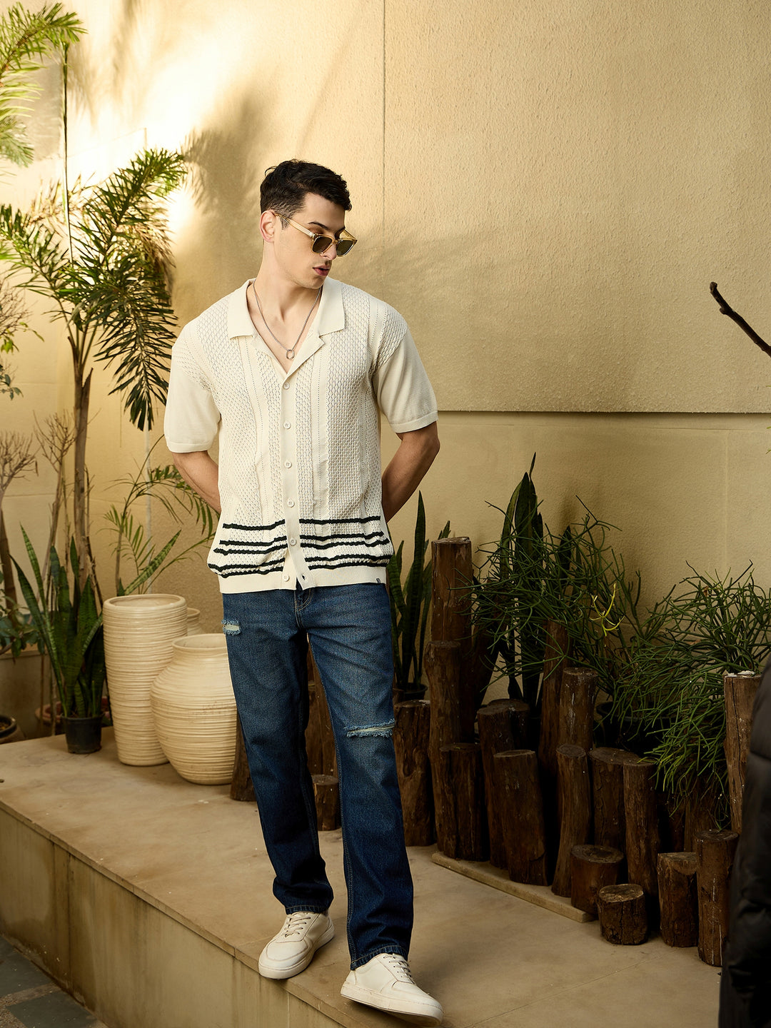White and Green: Oversized Front Open Knit T-Shirt