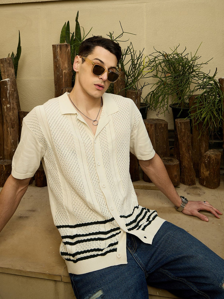 White and Green: Oversized Front Open Knit T-Shirt