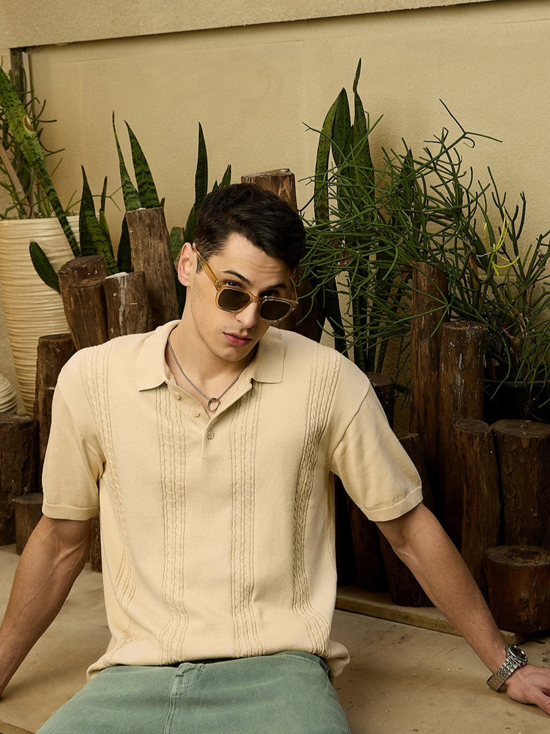 Cream: Relaxed Polo Collar Knitted T-Shirt
