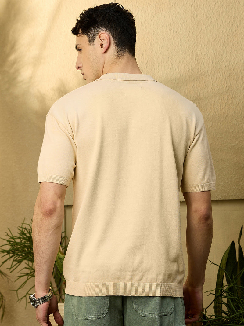 Cream: Relaxed Polo Collar Knitted T-Shirt