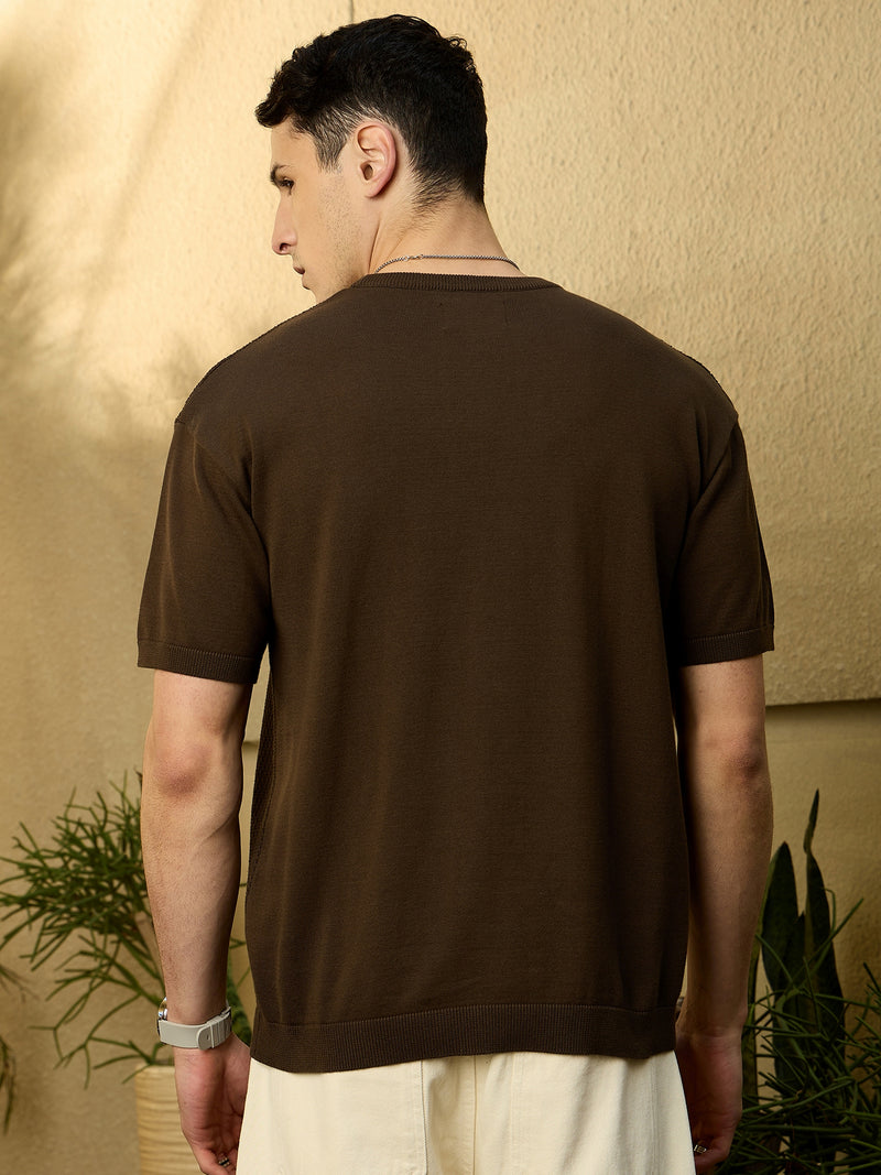 Brown: Relaxed Round Neck Knitted T-Shirt