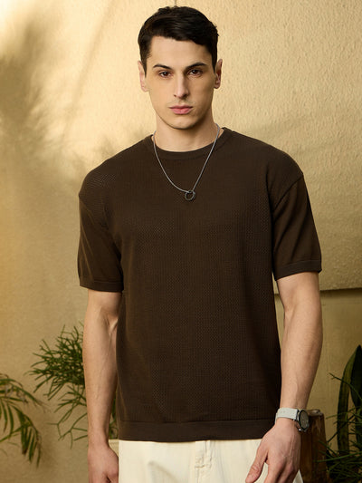 Brown: Relaxed Round Neck Knitted T-Shirt