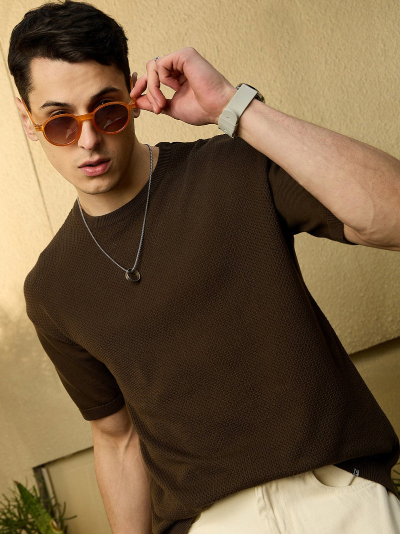 Brown: Relaxed Round Neck Knitted T-Shirt