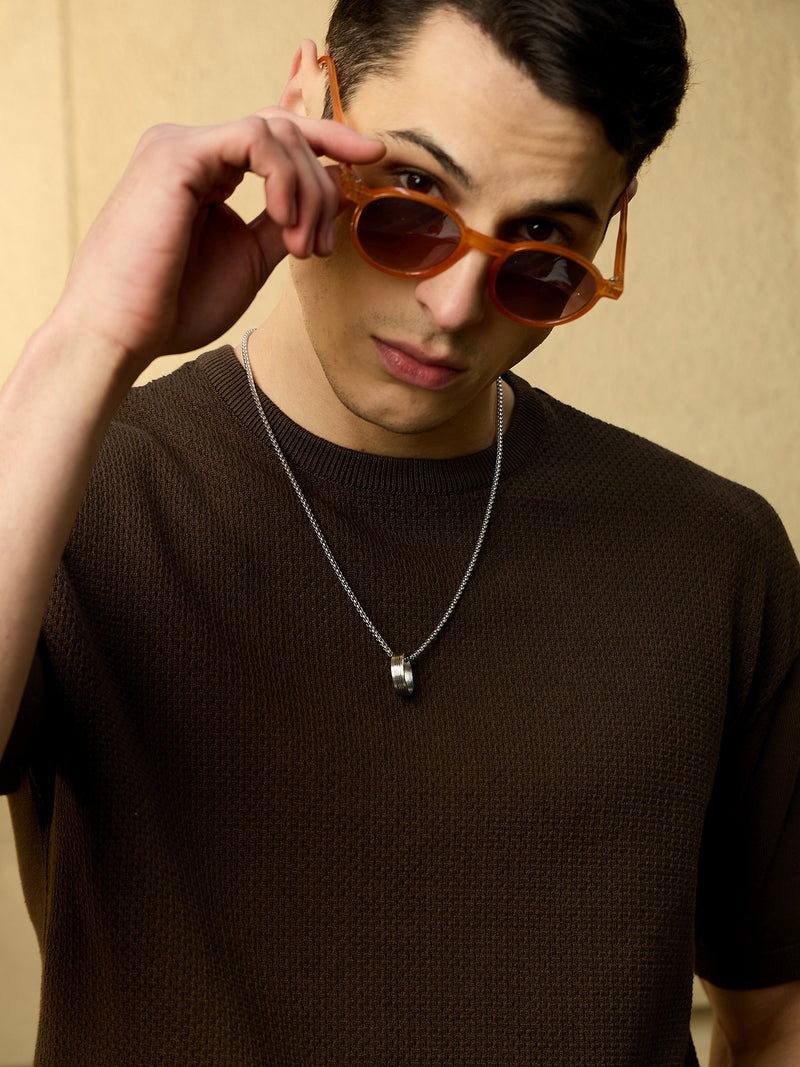 Brown: Relaxed Round Neck Knitted T-Shirt