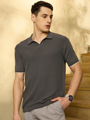 Iron Grey: Relaxed Textured Polo T-Shirt