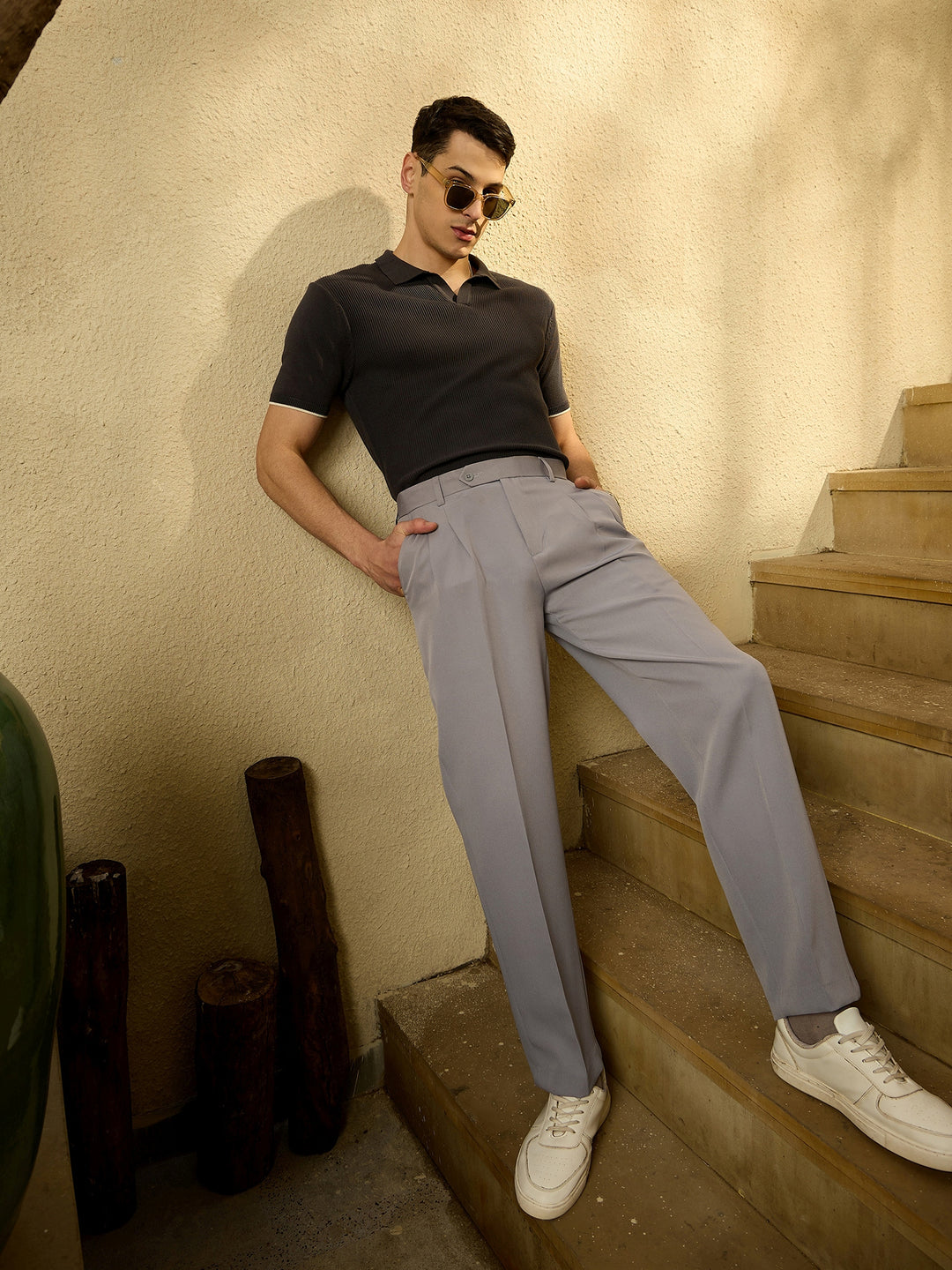 Grey: Korean Baggy Fit Double Pleated Trouser