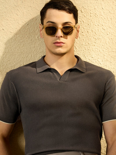 Iron Grey: Relaxed Textured Polo T-Shirt