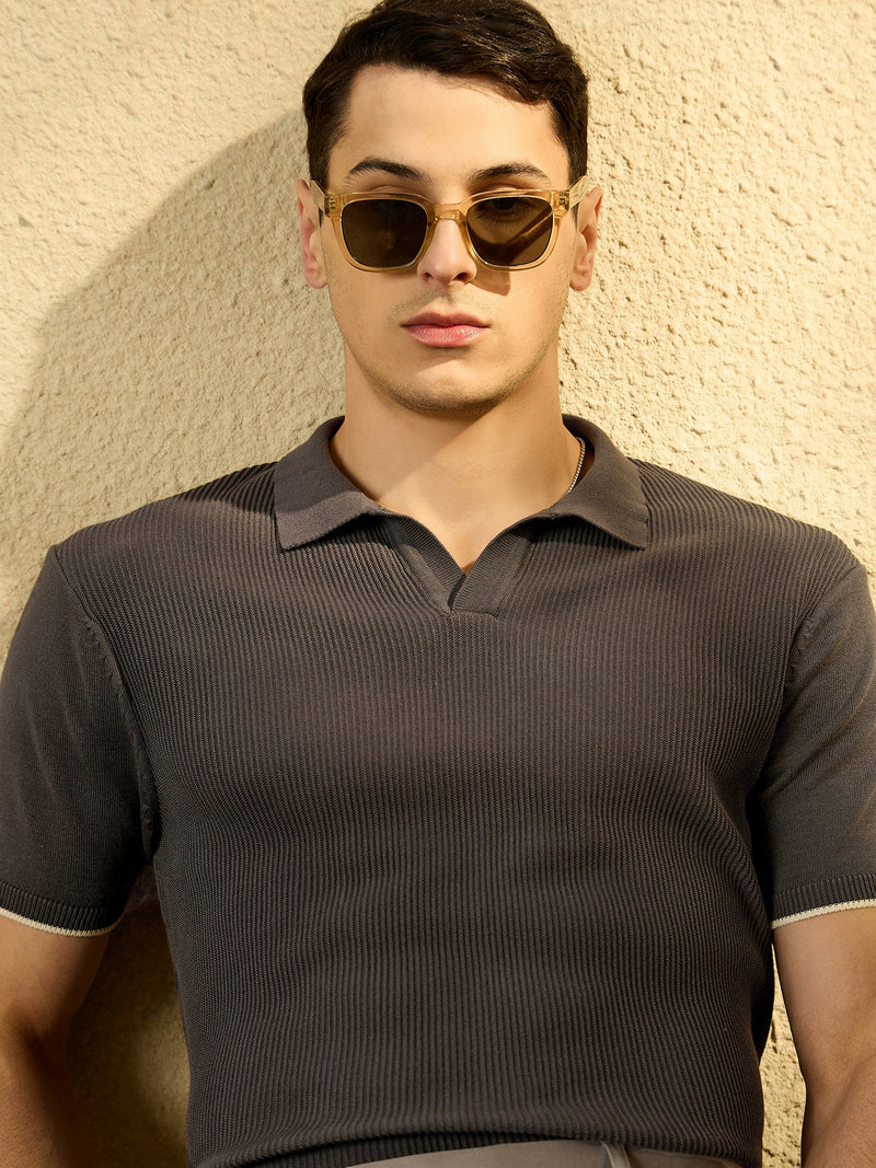 Iron Grey: Relaxed Textured Polo T-Shirt