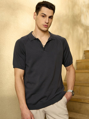 Grey: Relaxed Raglan Sleeves Polo T-Shirt