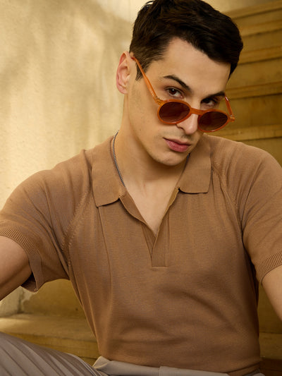Beige: Relaxed Raglan Sleeves Knitted Polo T-Shirt