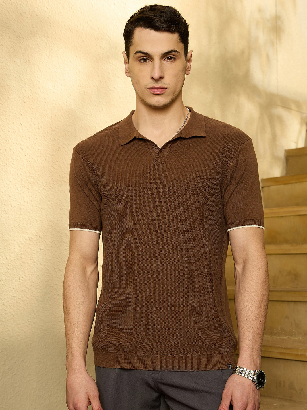 Brown: Textured Polo Collar Knitted T-Shirt