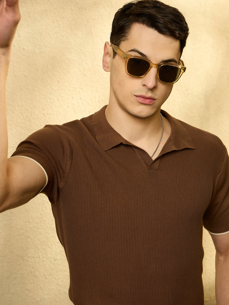 Brown: Relaxed Textured Polo T-Shirt