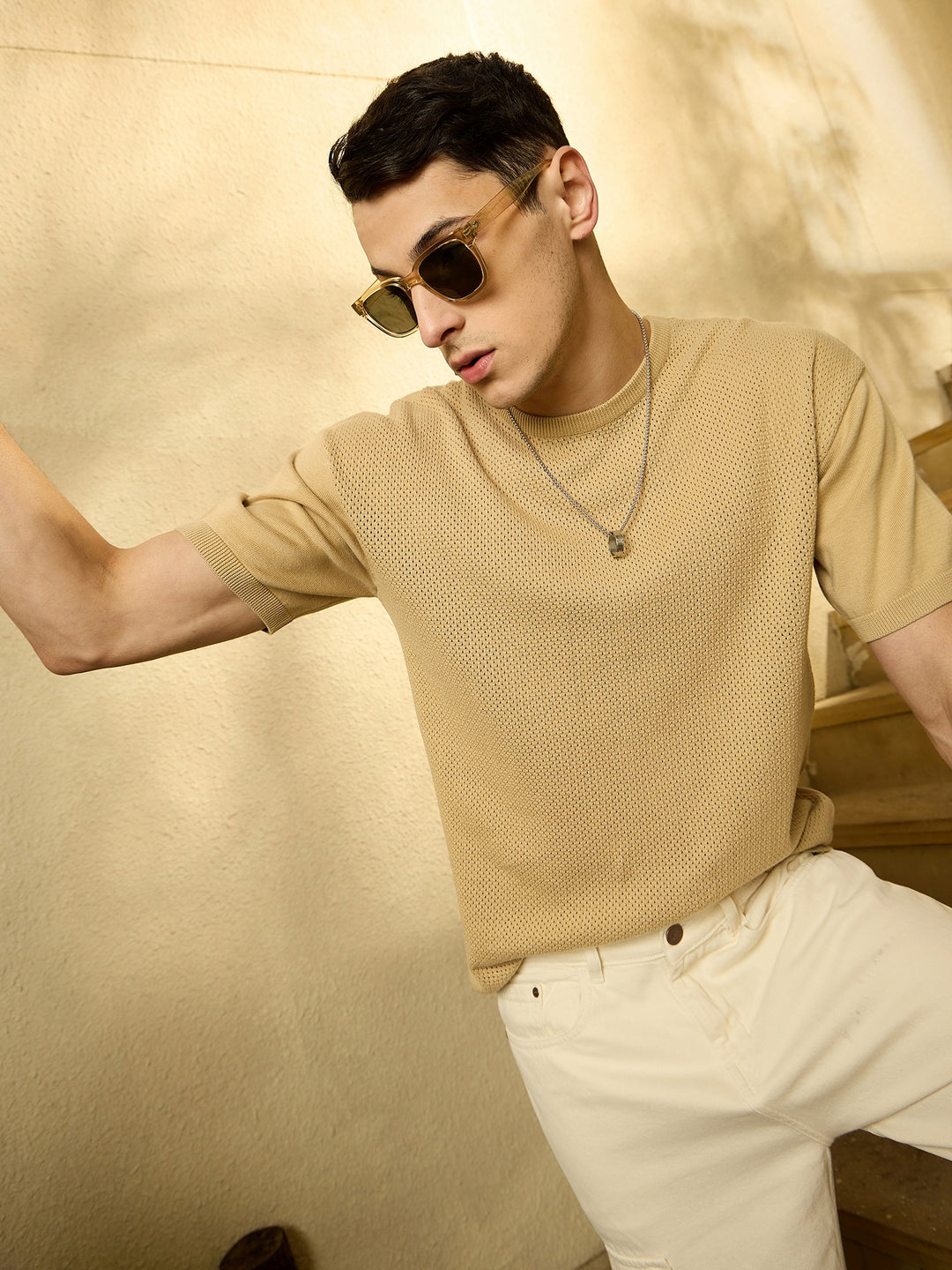 Beige: Relaxed Round Neck Knitted T-Shirt