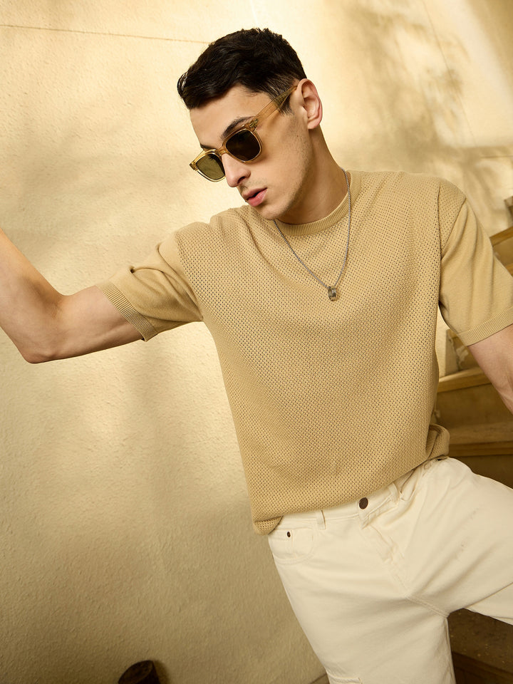 Beige: Relaxed Round Neck Knitted T-Shirt