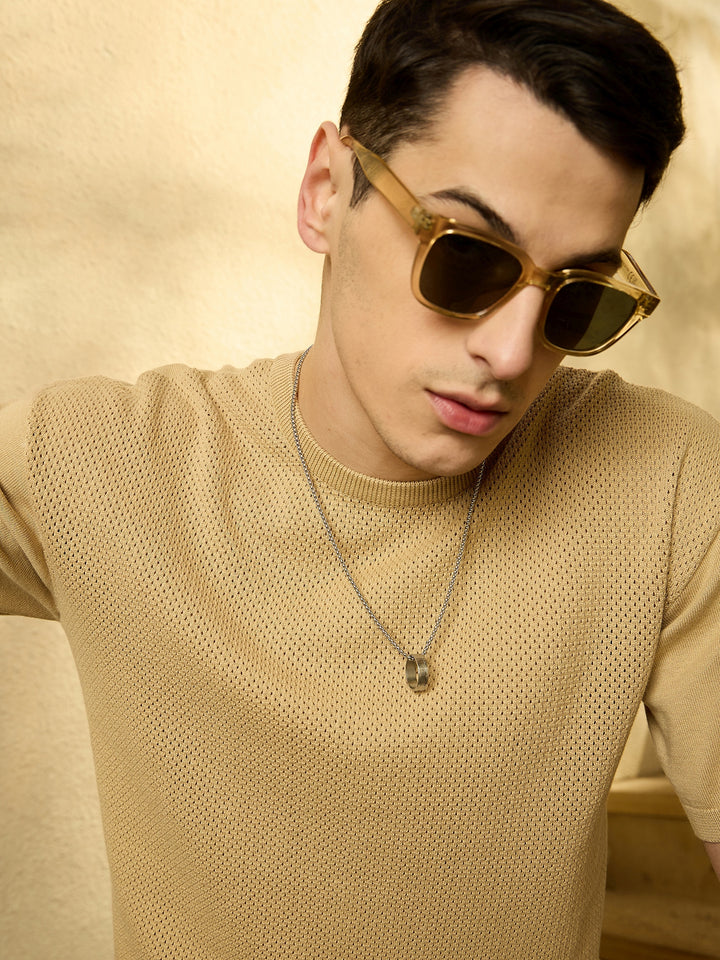Beige: Relaxed Round Neck Knitted T-Shirt
