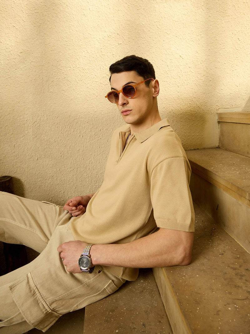 Beige: Relaxed Zipped Polo T-Shirt
