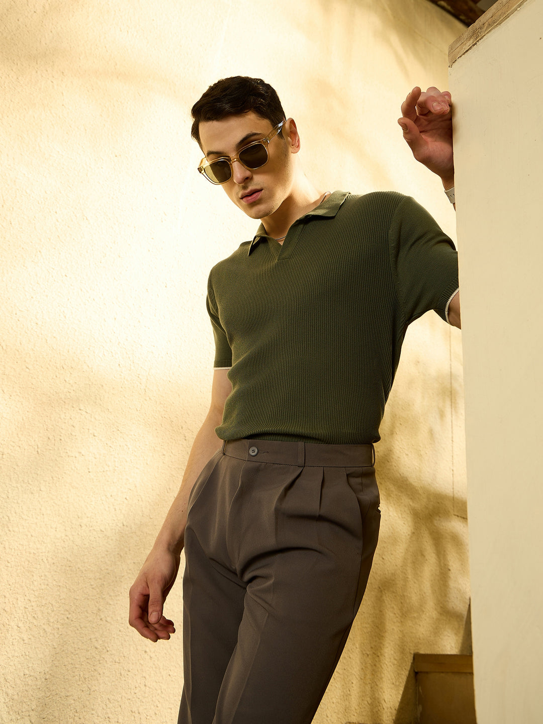 Olive: Textured Polo Collar Knitted T-Shirt