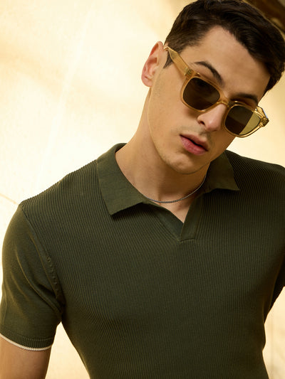 Olive: Relaxed Textured Polo T-Shirt