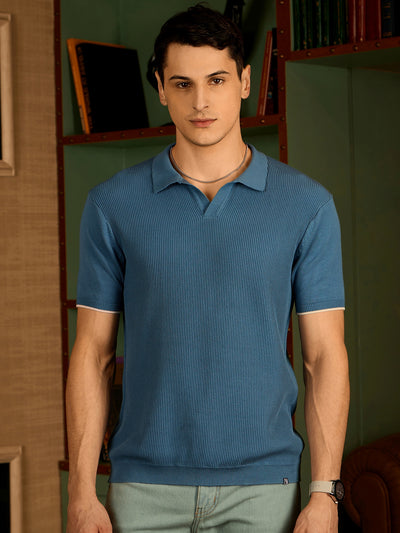 Steel Blue: Relaxed Textured Polo T-Shirt