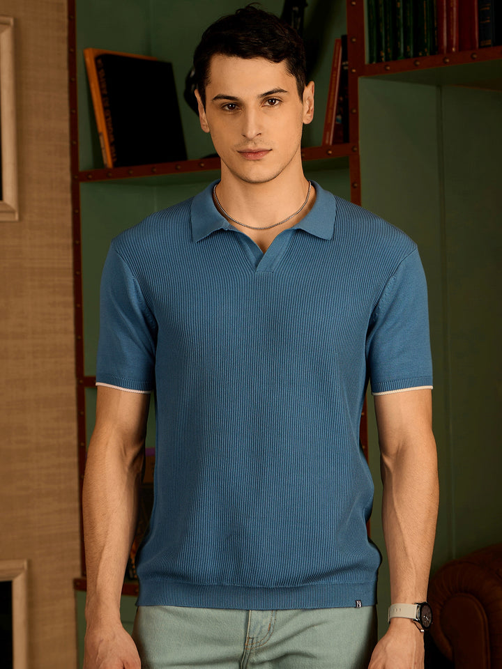 Steel Blue: Textured Polo Collar Knitted T-Shirt