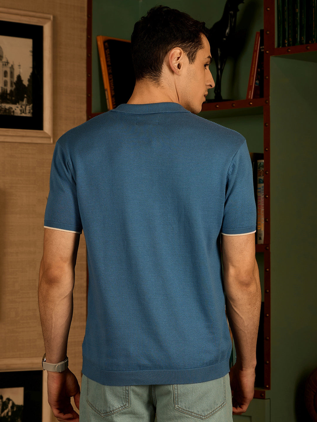 Steel Blue: Textured Polo Collar Knitted T-Shirt