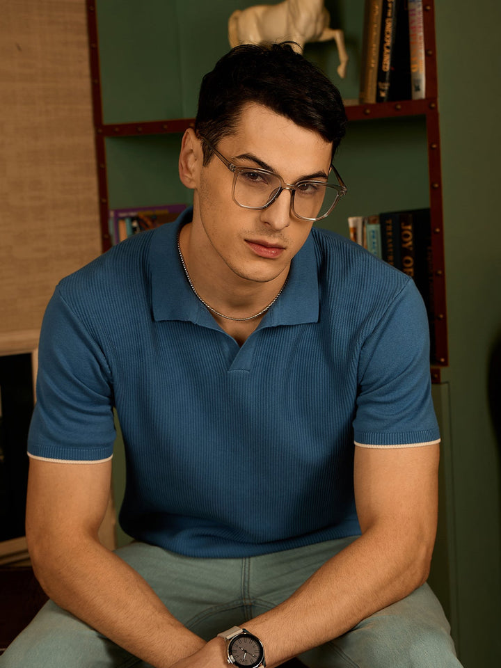 Steel Blue: Textured Polo Collar Knitted T-Shirt