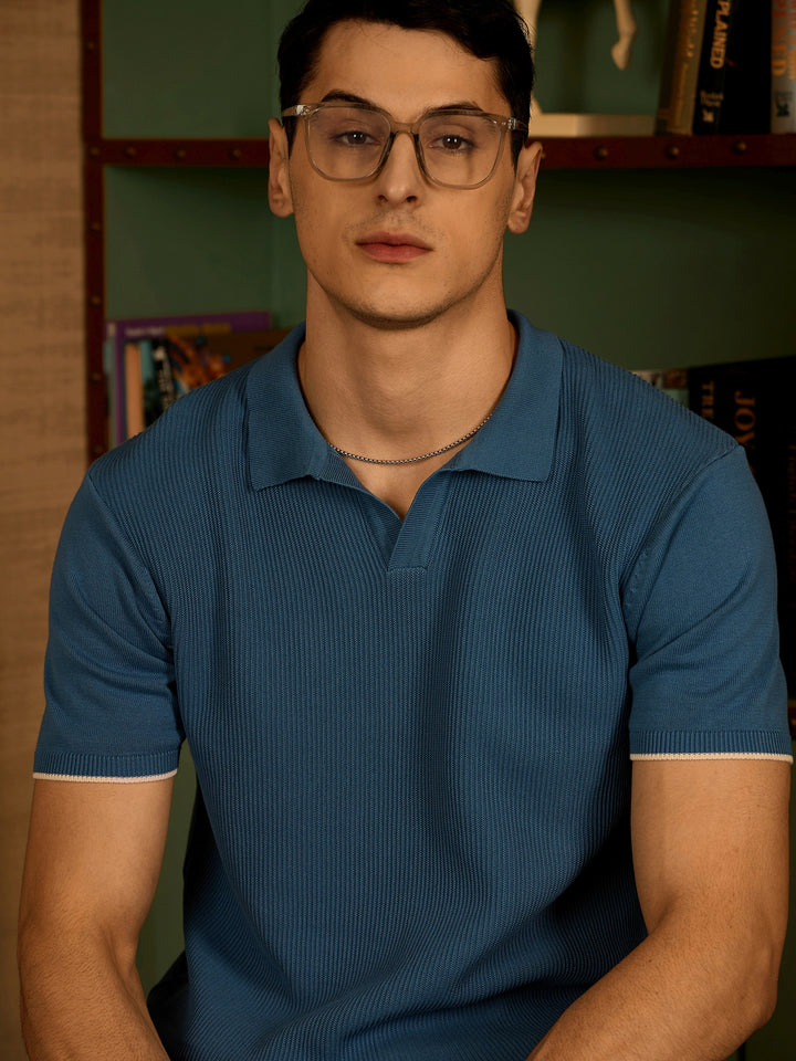 Steel Blue: Textured Polo Collar Knitted T-Shirt