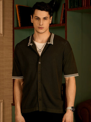 Green and White: Relaxed Front Open Knit T-Shirt