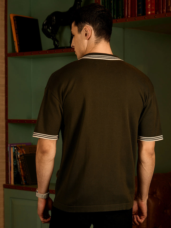 Green and White: Relaxed Front Open Knit T-Shirt