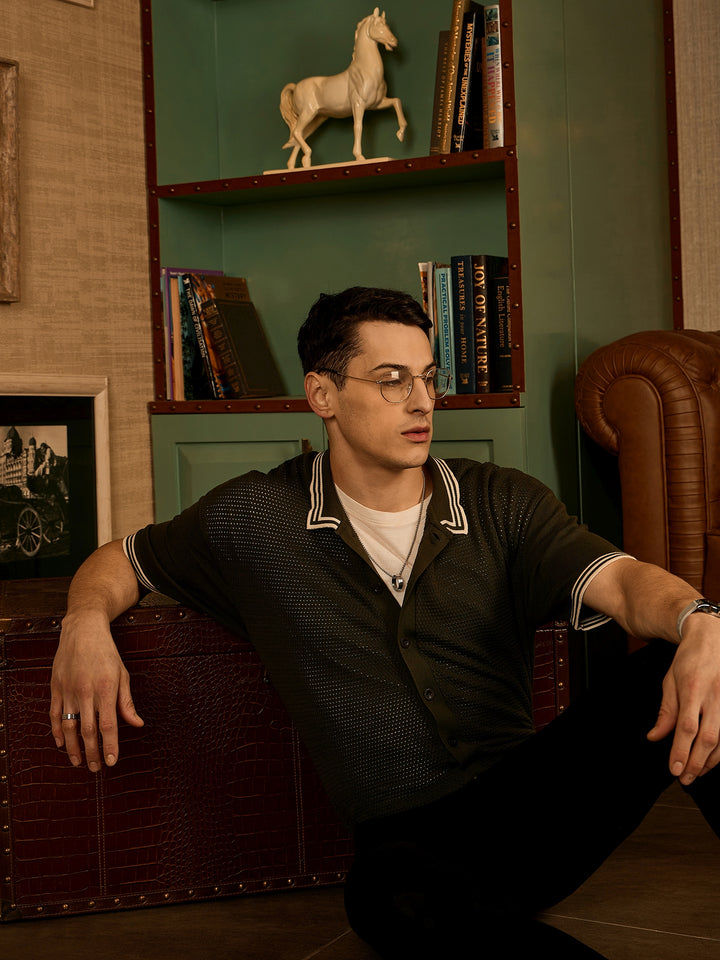 Green and White: Relaxed Front Open Knit T-Shirt