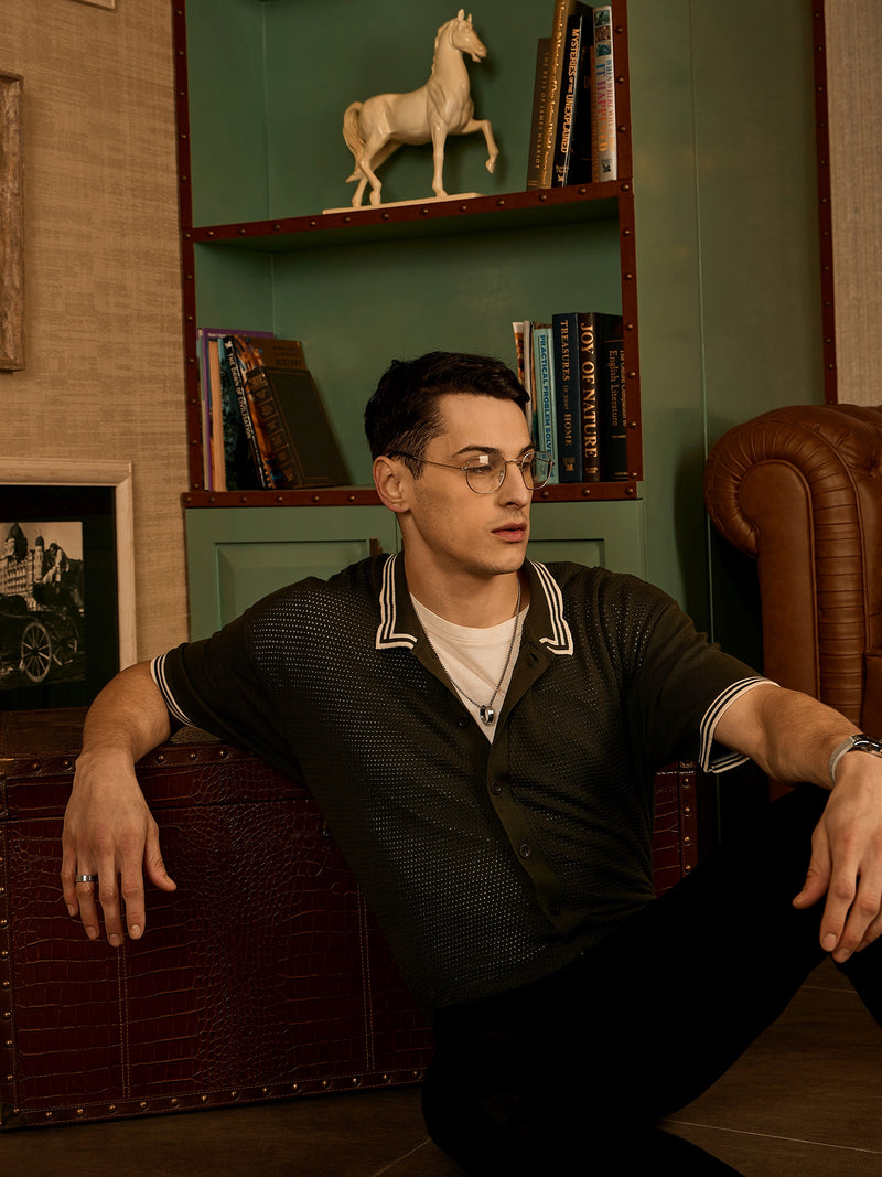 Green and White: Relaxed Front Open Knit T-Shirt