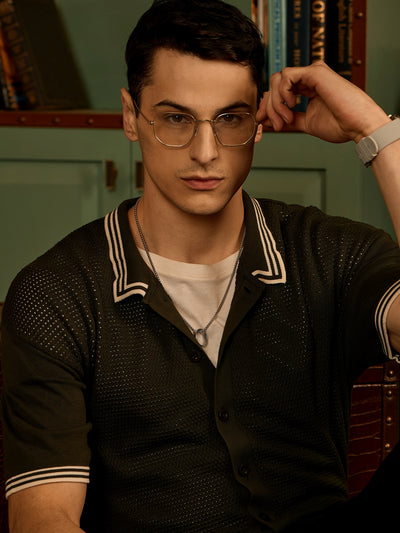 Green and White: Relaxed Front Open Knit T-Shirt