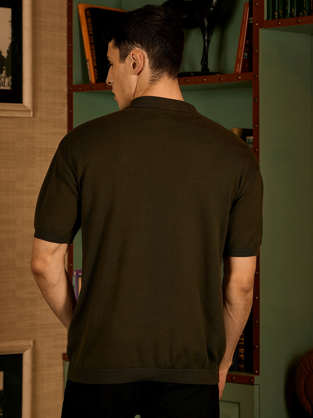 Olive: Oversized Polo Collar Knitted T-Shirt