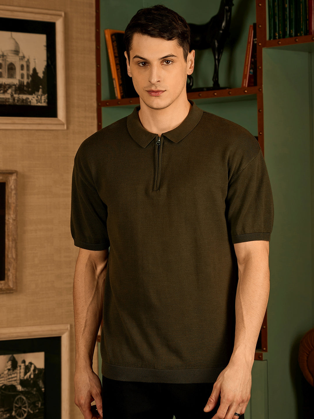 Olive: Oversized Polo Collar Knitted T-Shirt