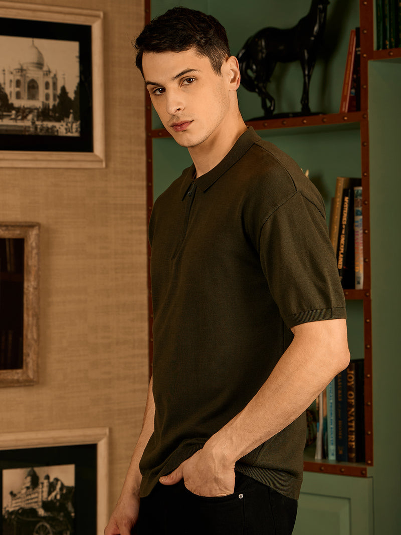 Olive: Relaxed Zipped Polo T-Shirt