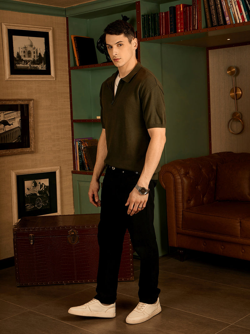 Olive: Relaxed Zipped Polo T-Shirt