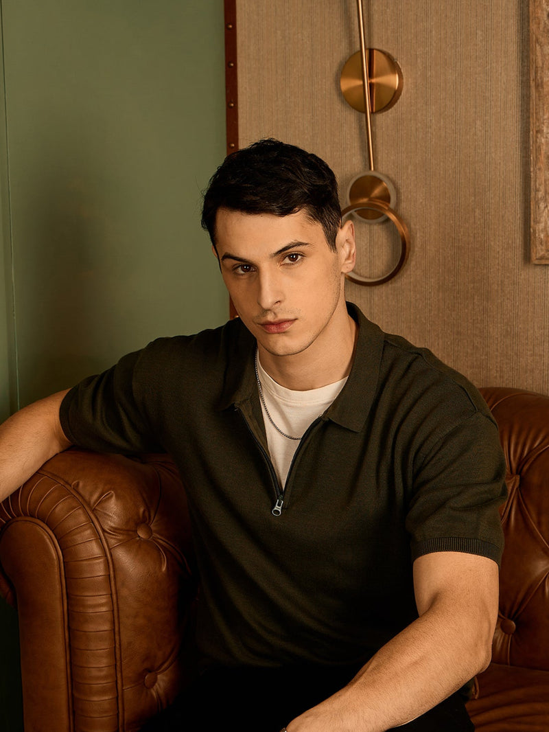 Olive: Relaxed Zipped Polo T-Shirt