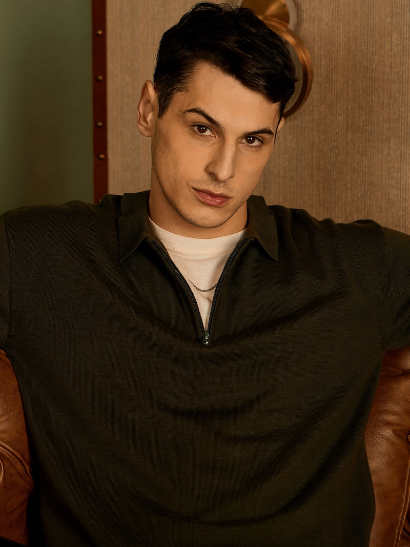 Olive: Relaxed Zipped Polo T-Shirt