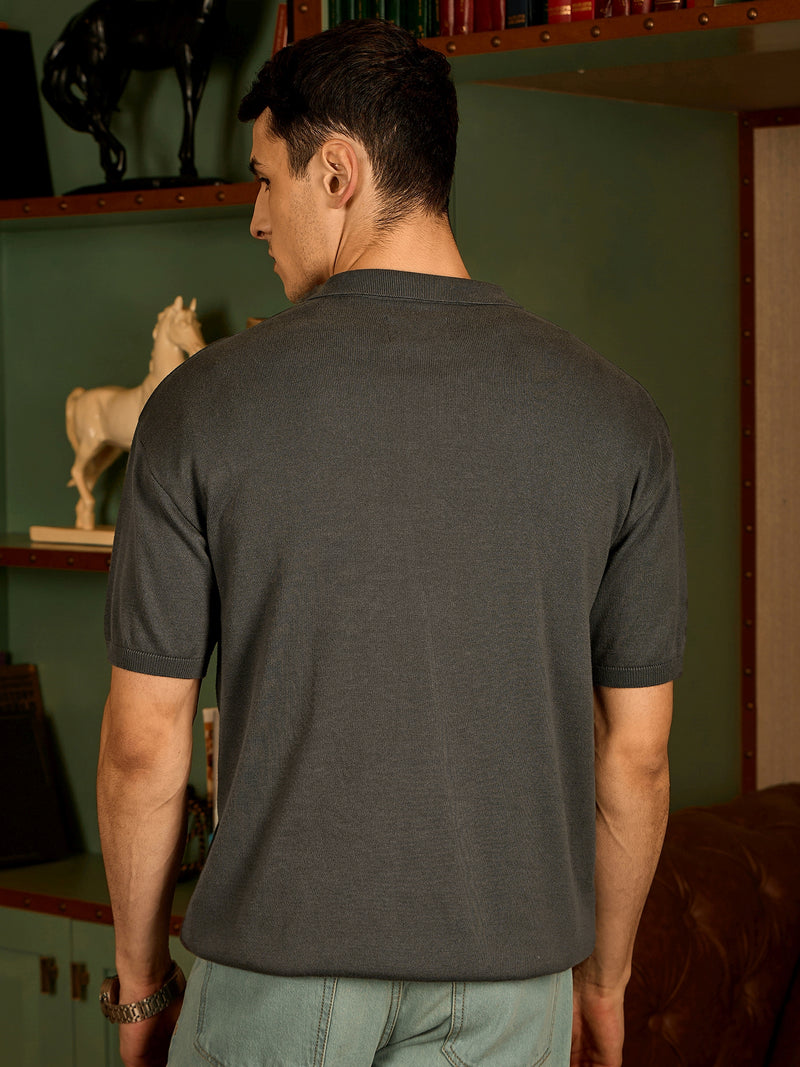Grey: Relaxed Zipped Polo T-Shirt