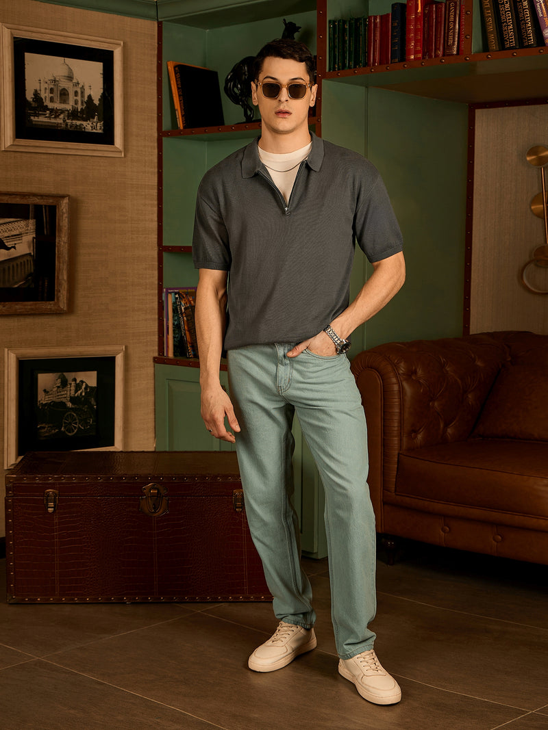 Grey: Relaxed Zipped Polo T-Shirt