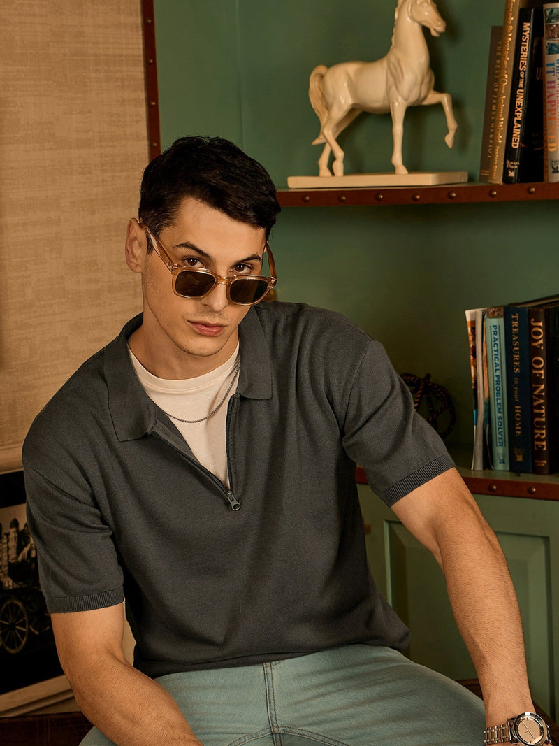 Grey: Relaxed Zipped Polo T-Shirt
