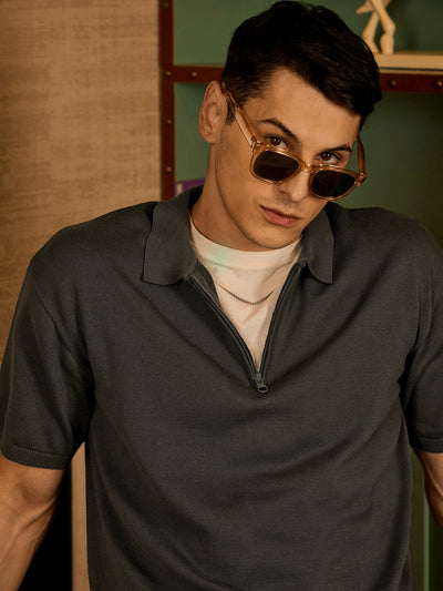 Grey: Relaxed Zipped Polo T-Shirt