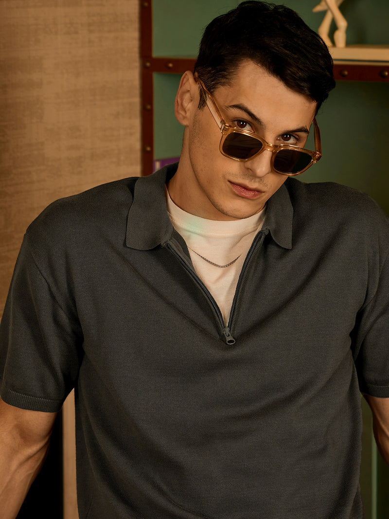 Grey: Relaxed Zipped Polo T-Shirt