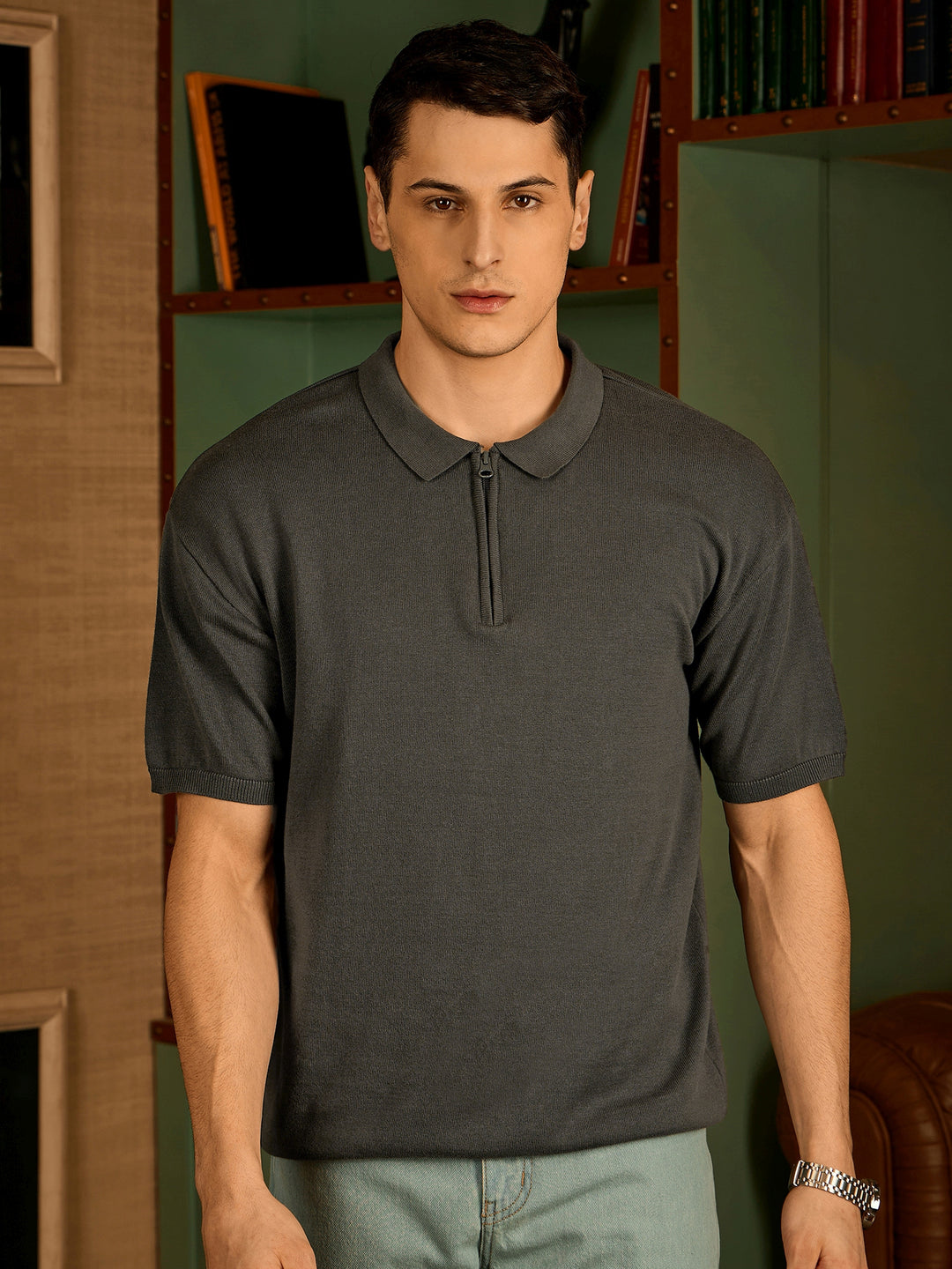 Grey: Oversized Polo Collar Knitted T-Shirt