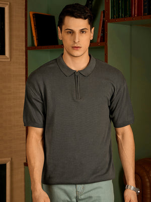 Grey: Relaxed Zipped Polo T-Shirt