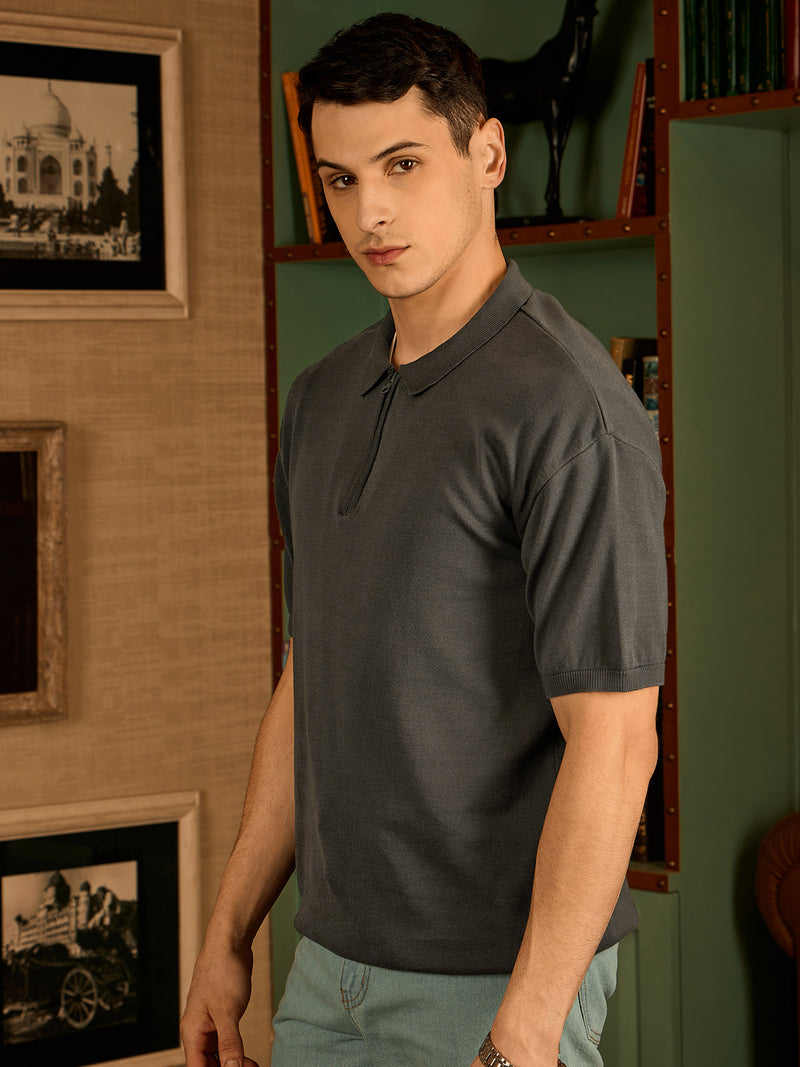 Grey: Relaxed Zipped Polo T-Shirt