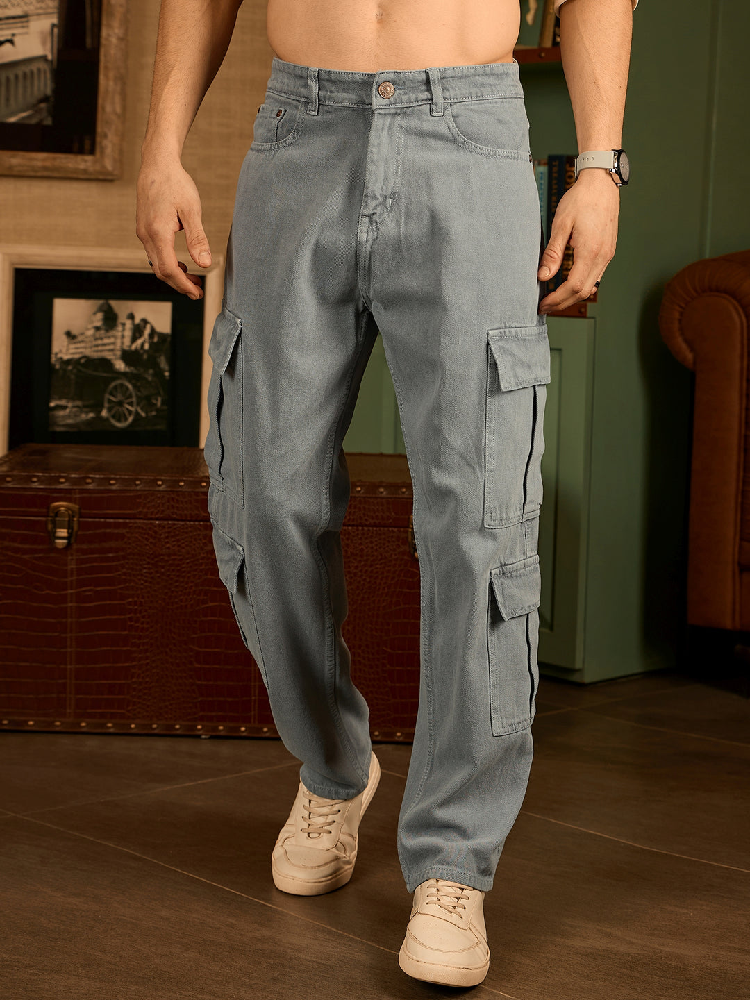 Grey: Korean Baggy Fit Cargo Jeans